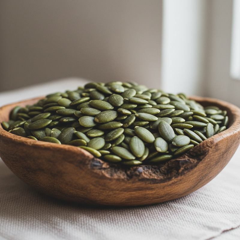 Green Raw Pumpkin Seeds in Wooden Bowl